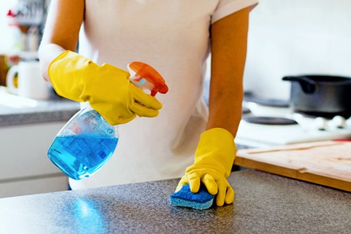 Cleaner Battersea staff handling cleaning products safely during a routine task